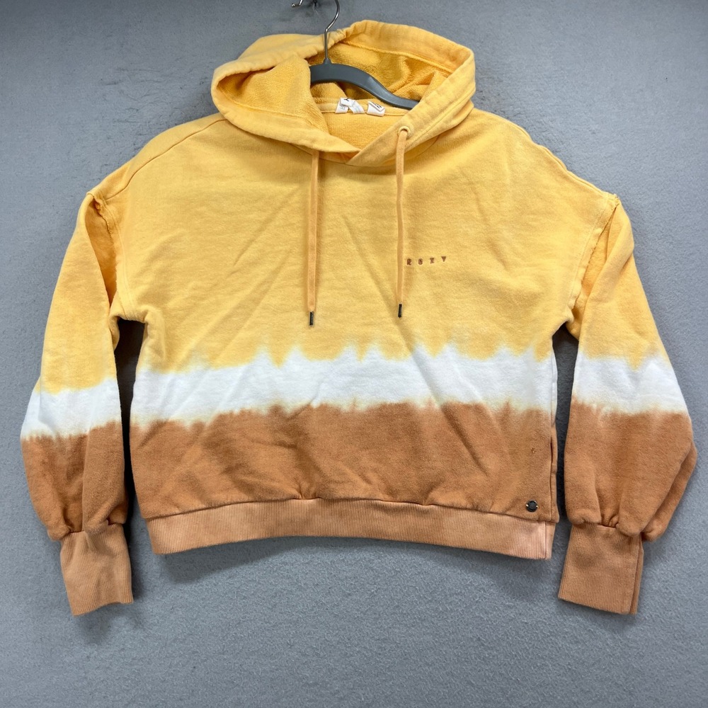 Roxy Hoodie Women XS Yellow Brown Tie Dye Cropped Pullover Sweatshirt Surf Y2K